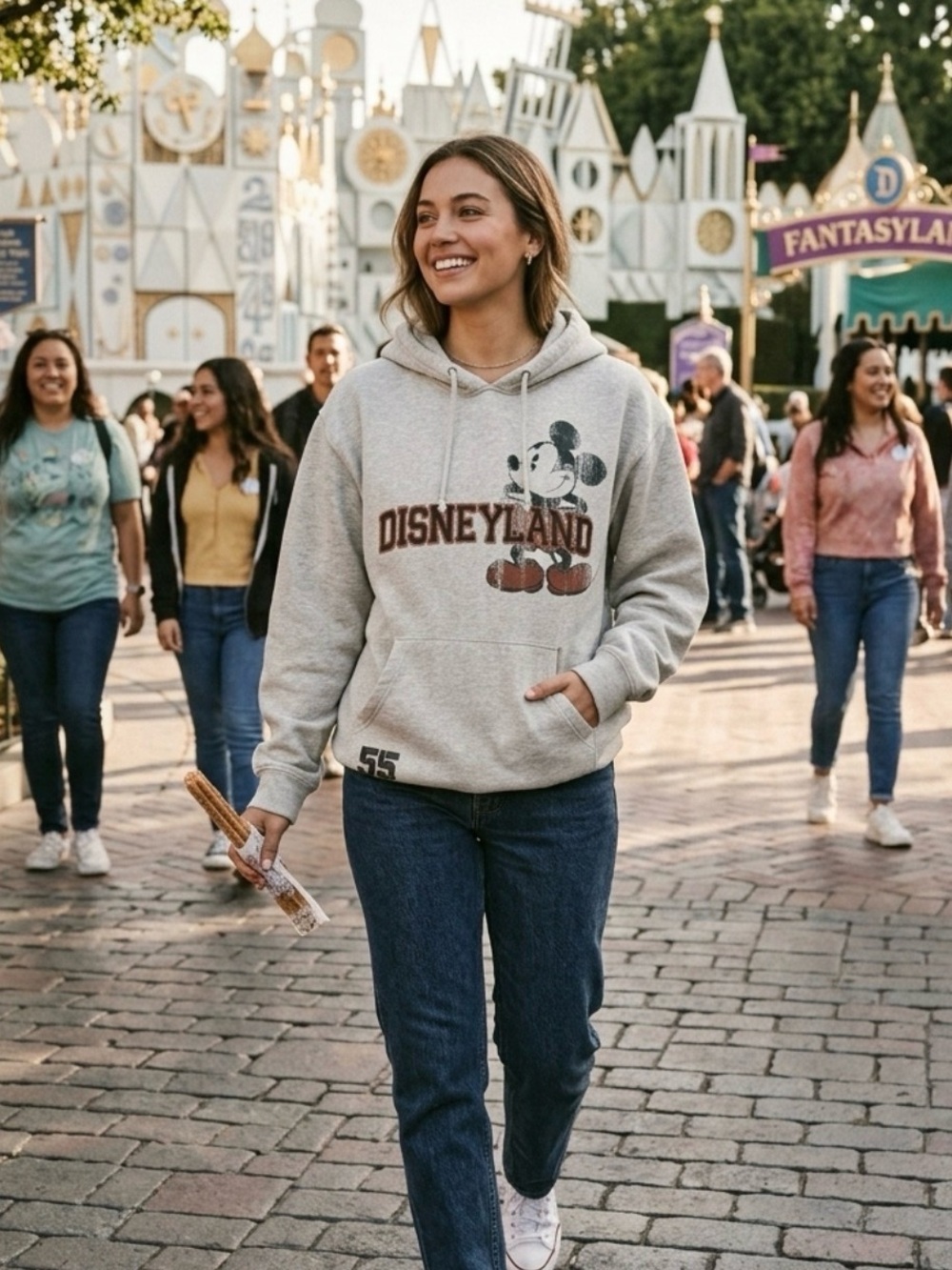 Disney Heather Gray Cotton Hoodie with Vintage Mickey, embroidered accent